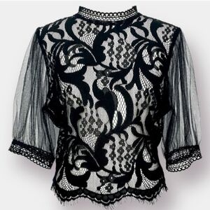 Peach Black Sheer Lace Zip Back High Neck Blouse Goth Boudoir Lolita Dainty XL